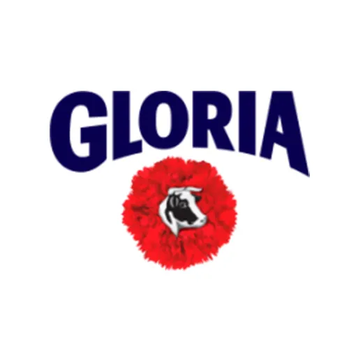 Un logotipo con GLORIA en letras mayúsculas azules y en negrita, con una flor de clavel rojo abajo.