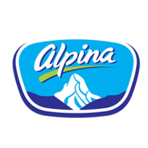 Un logotipo con Alpina escrito en letra cursiva blanca sobre un óvalo azul con una ilustración de una cadena montañosa.